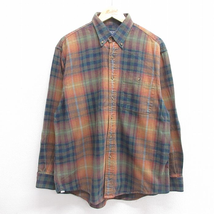 XL★古着 ランズエンド 長袖 フランネル シャツ メンズ 00年代 00s コットン ボタンダウン 緑他 グリーン チェック 25apr03 中古 トップス
