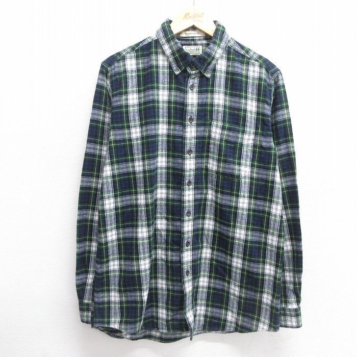L★古着 エルエルビーン LLBEAN 長袖 フランネル シャツ メンズ 00年代 00s コットン ボタンダウン 緑他 グリーン チェック 25apr03 中古 トップス