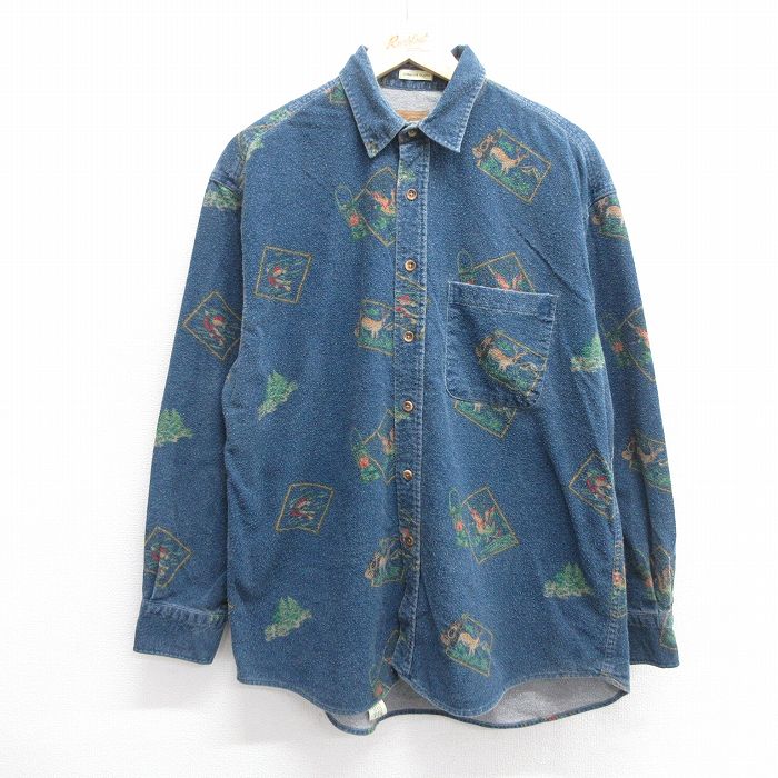 L★古着 セントジョンズベイ 長袖 ヘビー フランネル シャツ メンズ シカ 鳥 コットン 紺 ネイビー 25apr03 中古 トップス