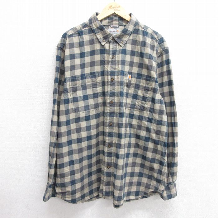 XL★古着 カーハート Carhartt 長袖 フランネル シャツ メンズ 大きいサイズ ボタンダウン 紺他 ネイビー チェック 25apr03 中古 トップス