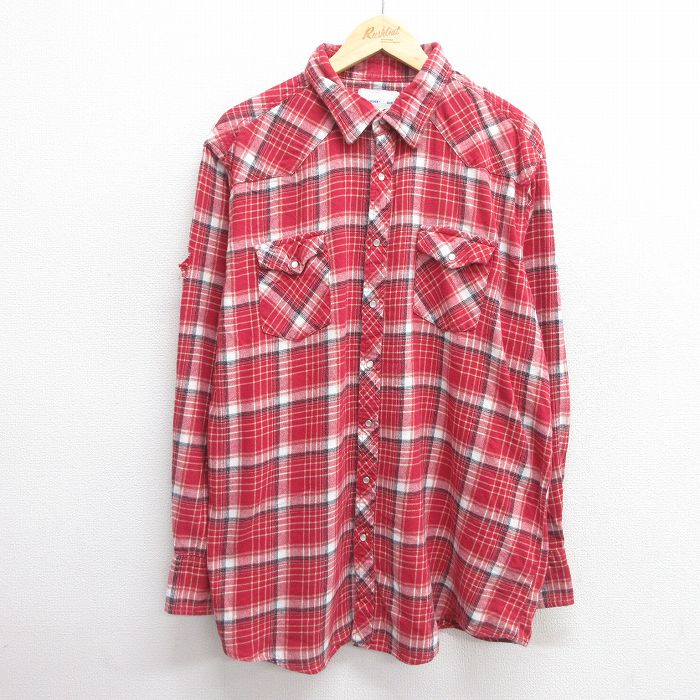 XL★古着 ラングラー Wrangler 長袖 ウエスタン フランネル シャツ メンズ 大きいサイズ コットン 赤他 レッド チェック 25apr03 中古 トップス