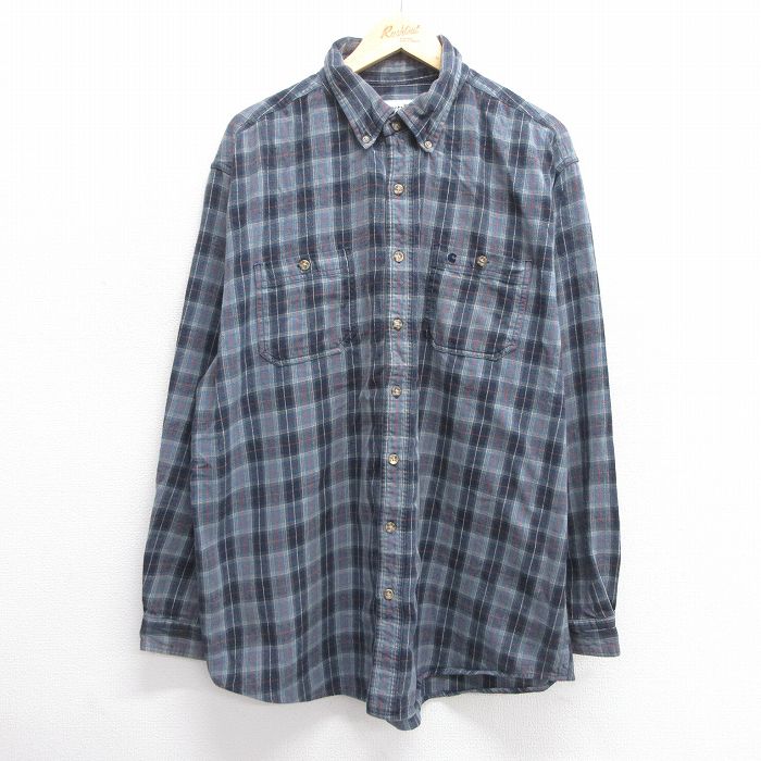 XL★古着 カーハート Carhartt 長袖 フランネル シャツ メンズ 大きいサイズ コットン ボタンダウン 紺他 ネイビー チェック 25apr11 中古 トップス