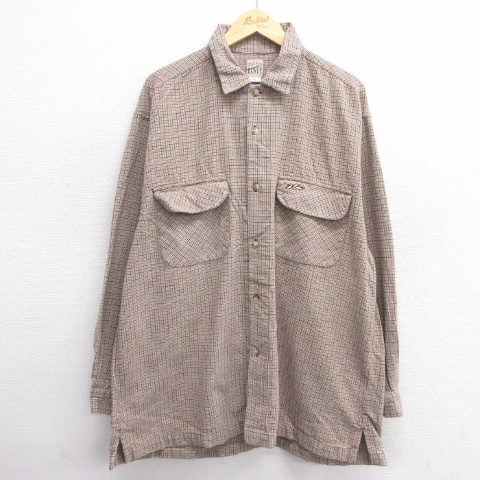 XL★古着 長袖 フランネル シャツ メンズ 大きいサイズ ロング丈 コットン ベージュ他 カーキ チェック 25apr11 中古 トップス