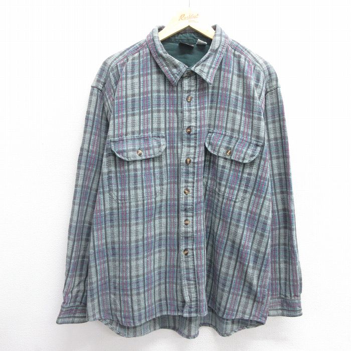 XL★古着 長袖 フランネル シャツ メンズ 大きいサイズ コットン 緑系他 グリーン チェック 25apr11 中古 トップス