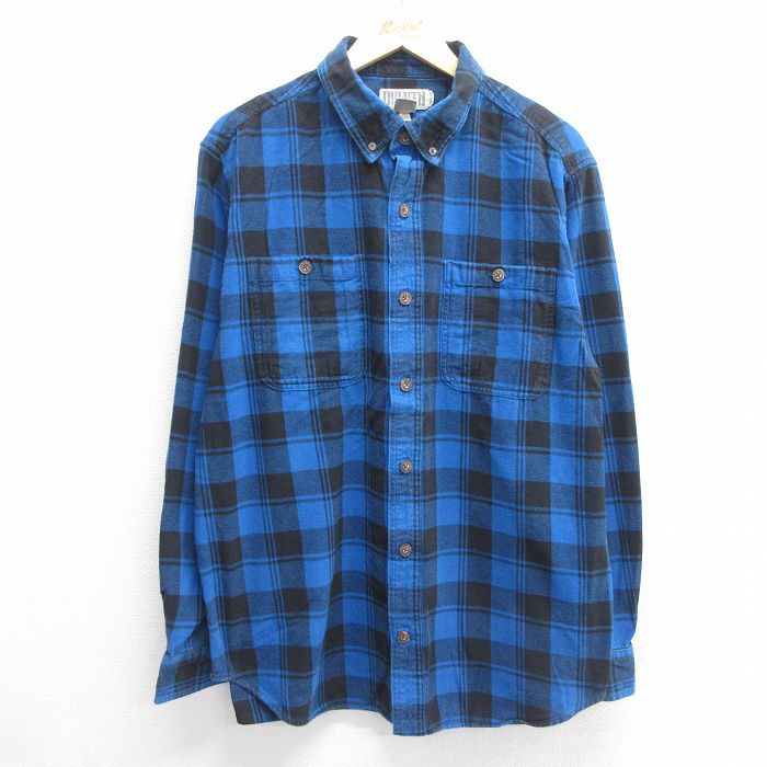 XL★古着 長袖 フランネル シャツ メンズ 大きいサイズ コットン ボタンダウン 青他 ブルー チェック 25apr11 中古 トップス