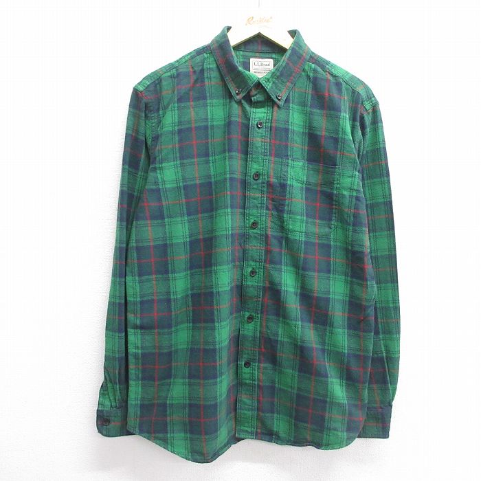 L★古着 エルエルビーン LLBEAN 長袖 フランネル シャツ メンズ 00年代 00s コットン ボタンダウン 緑他 グリーン チェック 25apr11 中古 トップス