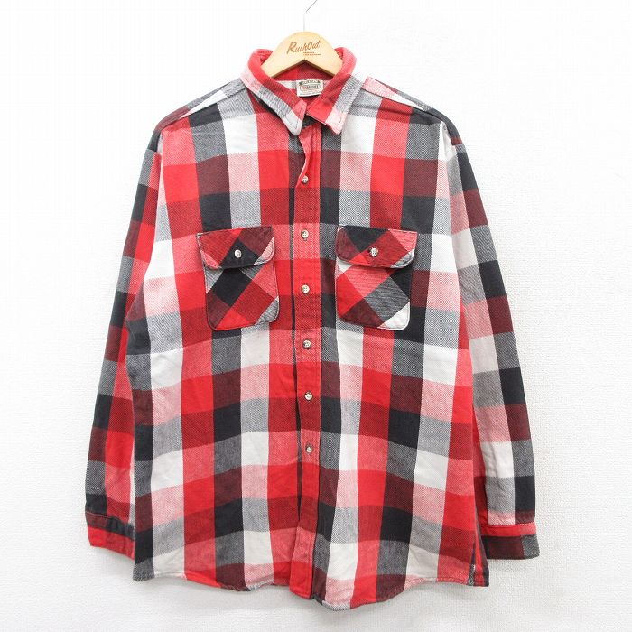 XL★古着 ファイブブラザー 長袖 ブランド ヘビー フランネル シャツ メンズ 90年代 90s ロング丈 コットン USA製 赤他 レッド チェック 25aug18 中古 トップス
