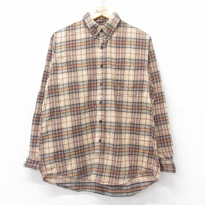 L★古着 エルエルビーン LLBEAN 長袖 フランネル シャツ メンズ 90年代 90s コットン ボタンダウン USA製 ベージュ他 カーキ チェック 25aug28 中古 トップス
