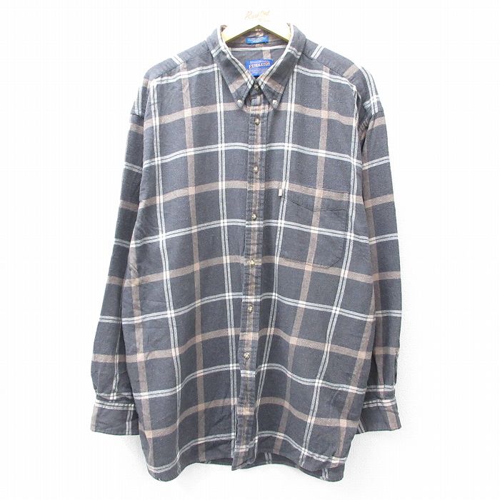 XL★古着 ペンドルトン PENDLETON 長袖 フランネル シャツ メンズ 大きいサイズ ロング丈 コットン ボタンダウン 茶他 ブラウン チェック 25sep04 中古 トップス