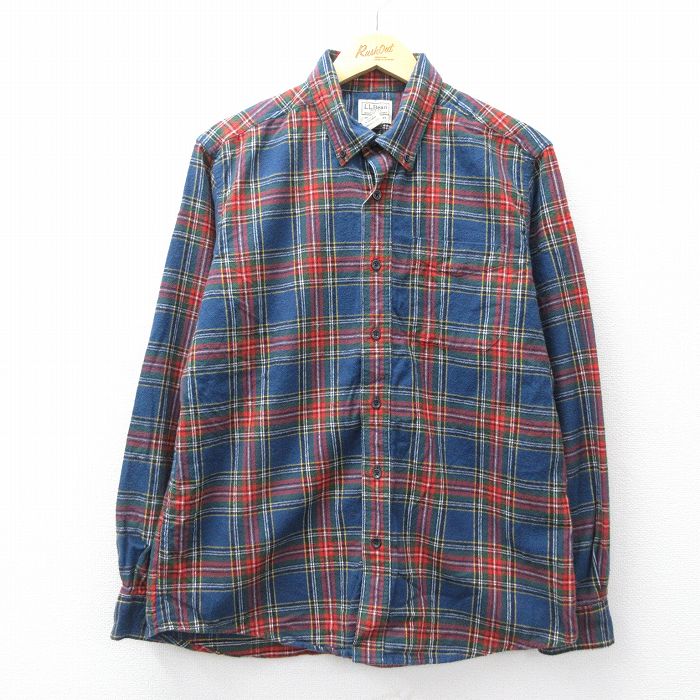 L★古着 エルエルビーン LLBEAN 長袖 フランネル シャツ メンズ 00年代 00s コットン ボタンダウン 紺他 ネイビー チェック 25sep04 中古 トップス