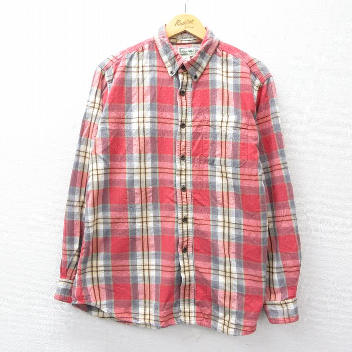 L★古着 エルエルビーン LLBEAN 長袖 フランネル シャツ メンズ 00年代 00s コットン ボタンダウン 赤他 レッド チェック 25sep04 中古 トップス