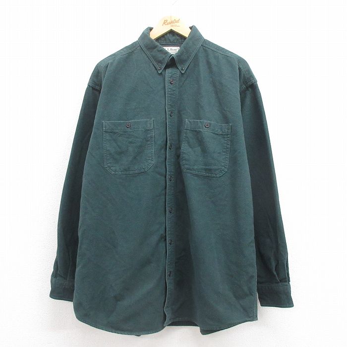 XL★古着 エルエルビーン LLBEAN 長袖　ヘビー フランネル シャツ メンズ 90年代 90s ロング丈 コットン ボタンダウン USA製 濃緑 グリーン 【spe】 25sep04 中古 トップス