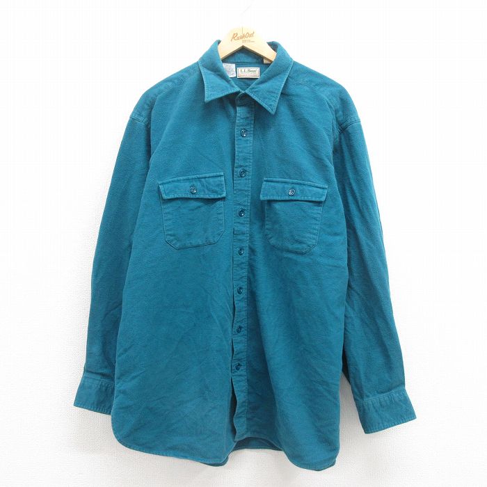 XL★古着 エルエルビーン LLBEAN 長袖 ヘビー フランネル シャツ メンズ 80年代 80s 大きいサイズ ロング丈 コットン USA製 青緑 【spe】 25sep04 中古 トップス