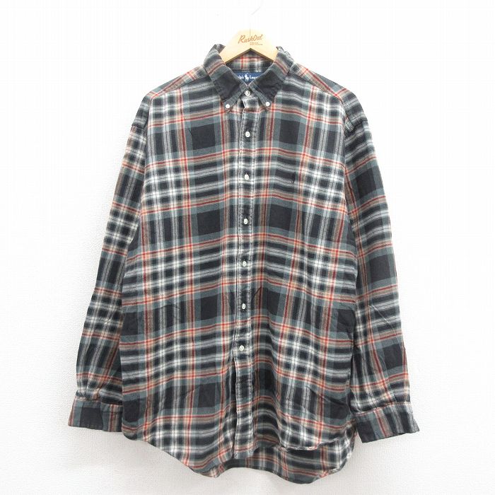 XL★古着 ラルフローレン Ralph Lauren 長袖 ブランド フランネル シャツ メンズ 90年代 90s ワンポイントロゴ BLAKE ロング丈 コットン ボタンダウン 黒他 ブラック チェック 25sep04 中古 トップス