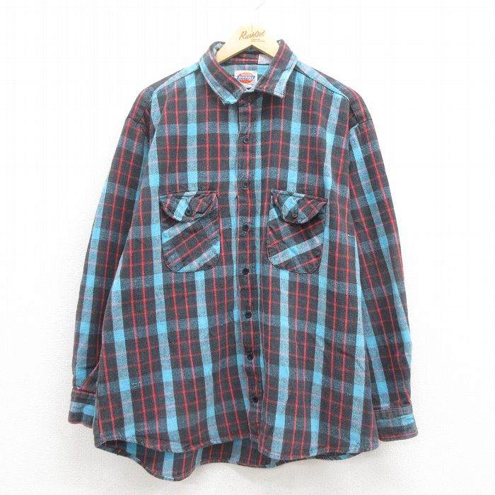 XL★古着 ディッキーズ Dickies 長袖 ヘビー フランネル シャツ メンズ 80年代 80s コットン 水色 チェック 【spe】 25sep04 中古 トップス