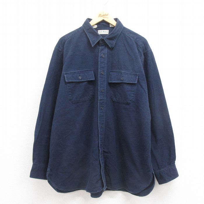 XL★古着 エルエルビーン LLBEAN 長袖 ヘビー フランネル シャツ メンズ 90年代 90s 大きいサイズ コットン USA製 濃紺 ネイビー 25sep05 中古 トップス