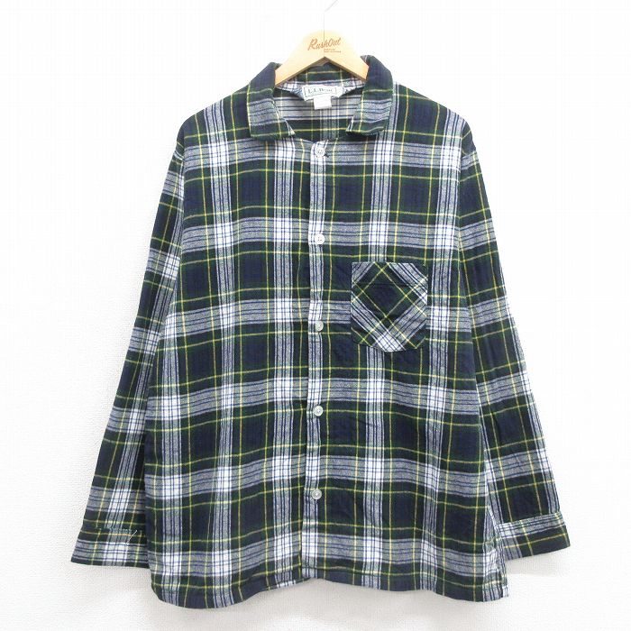 L★古着 エルエルビーン LLBEAN 長袖 フランネル パジャマ シャツ メンズ 90年代 90s コットン 緑他 グリーン チェック 25sep05 中古 トップス