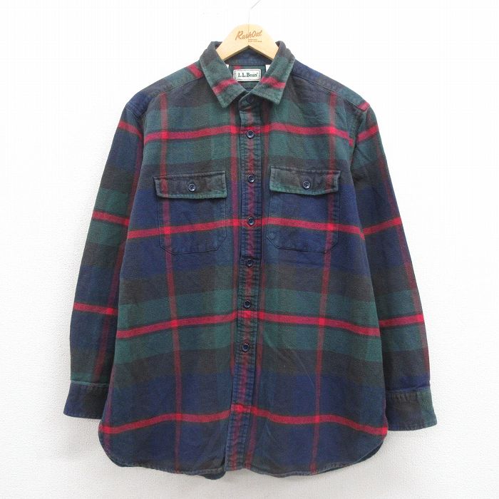 XL★古着 エルエルビーン LLBEAN 長袖 ヘビー フランネル シャツ メンズ 90年代 90s コットン 紺 ネイビー チェック 25sep05 中古 トップス