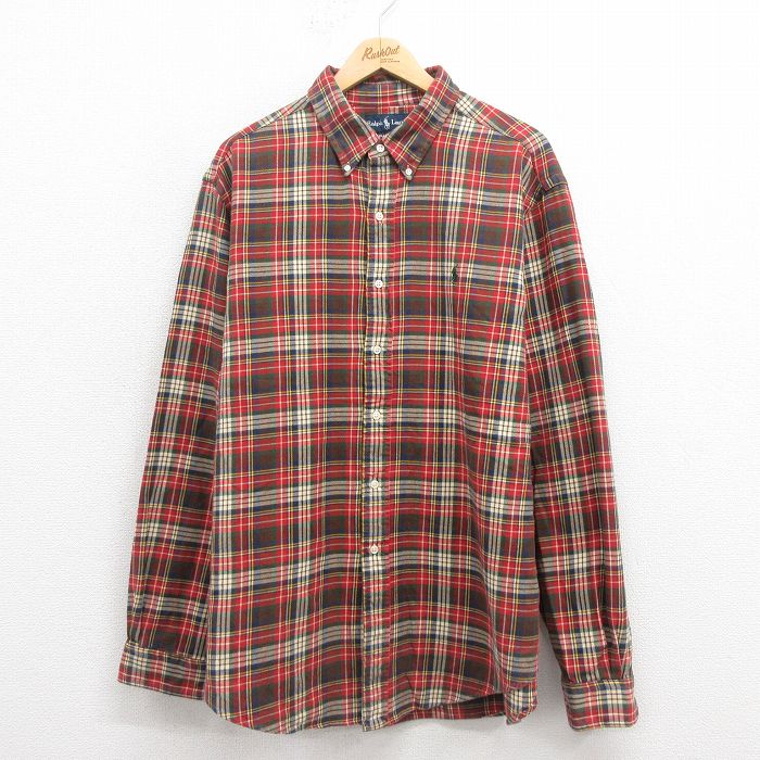 XL★古着 ラルフローレン Ralph Lauren 長袖 ブランド フランネル シャツ メンズ 90年代 90s ワンポイントロゴ コットン ボタンダウン 赤他 レッド チェック 25sep05 中古 トップス