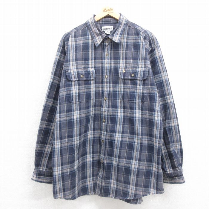 XL★古着 カーハート Carhartt 長袖 フランネル シャツ メンズ ワンポイントロゴ 大きいサイズ コットン ボタンダウン 紺他 ネイビー チェック 【spe】 25sep05 中古 トップス