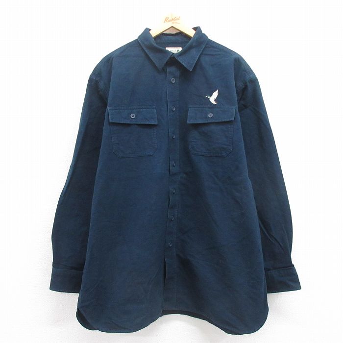 XL★古着 エルエルビーン LLBEAN 長袖 ヘビー フランネル シャツ メンズ 00年代 00s 鳥 大きいサイズ ロング丈 紺 ネイビー 25sep06 中古 トップス