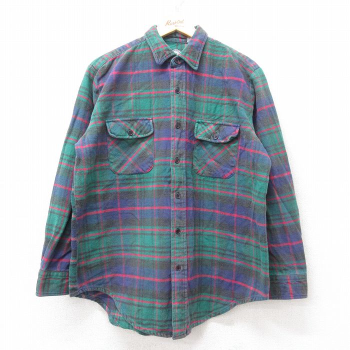 XL★古着 長袖 ヘビー フランネル シャツ メンズ 00年代 00s コットン 緑他 グリーン チェック 25sep09 中古 トップス