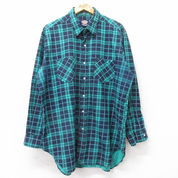 XL★古着 ディッキーズ Dickies 長袖 フランネル シャツ メンズ ロング丈 コットン 緑他 グリーン チェック 25sep09 中古 トップス