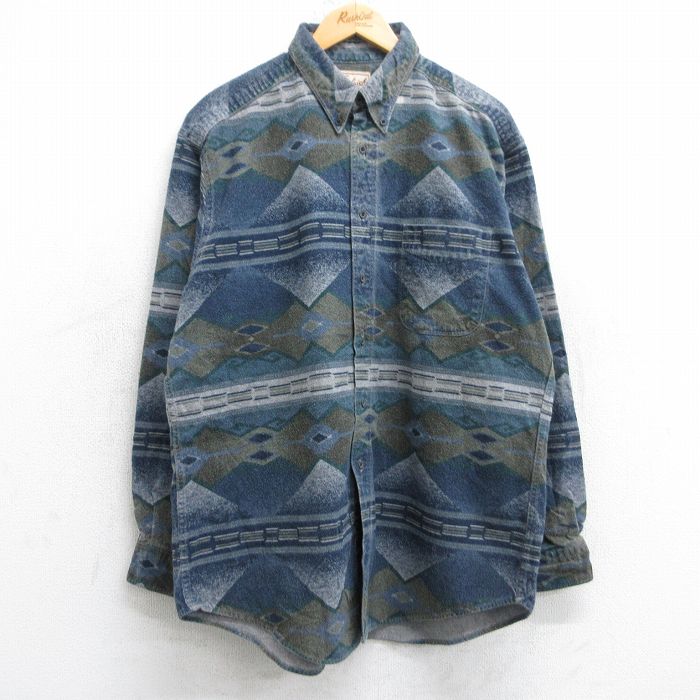 XL★古着 ウールリッチ WOOLRICH 長袖 フランネル シャツ メンズ 90年代 90s ネイティブ柄 ラグ柄 コットン ボタンダウン USA製 紺他 ネイビー 【spe】 25sep16 中古 トップス