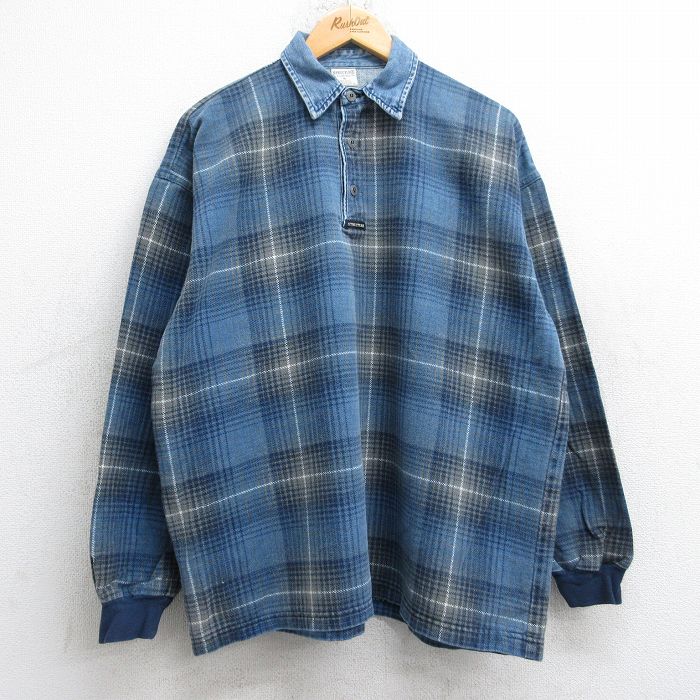 XL★古着 STRUCTURE 長袖 フランネル シャツ メンズ 90年代 90s 襟デニム コットン USA製 薄紺他 ネイビー チェック 25sep16 中古 トップス