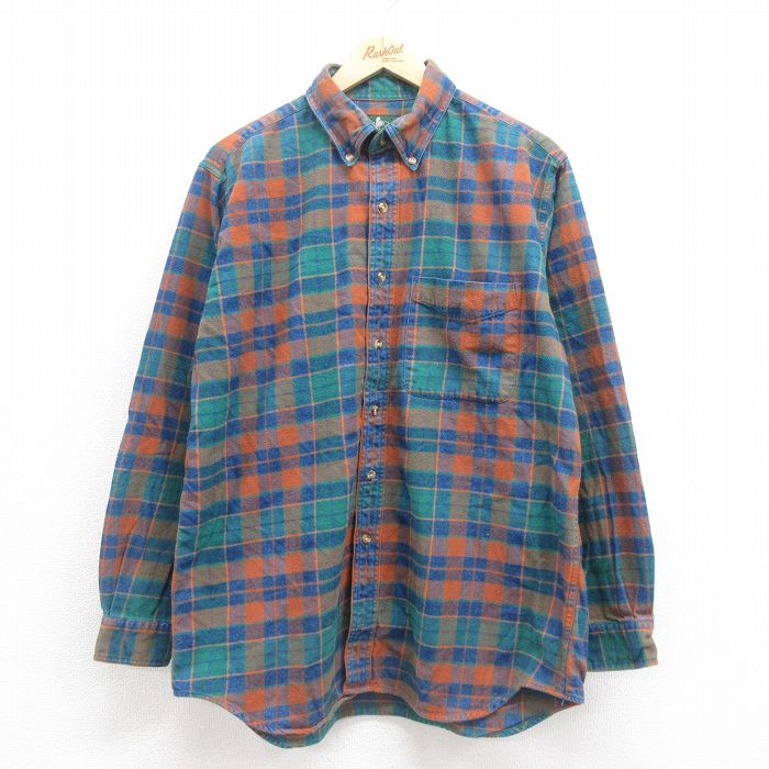XL★古着 長袖 フランネル シャツ メンズ 90年代 90s コットン ボタンダウン 緑他 グリーン チェック 25sep20 中古 トップス
