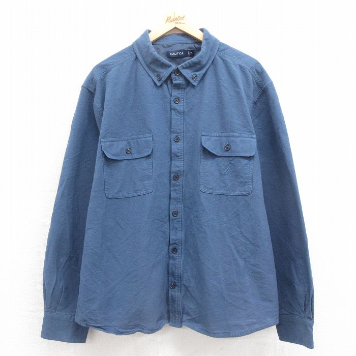 XL★古着 ノーティカ NAUTICA 長袖 ブランド フランネル シャツ メンズ ワンポイントロゴ 大きいサイズ コットン ボタンダウン 薄紺 ネイビー 25sep20 中古 トップス