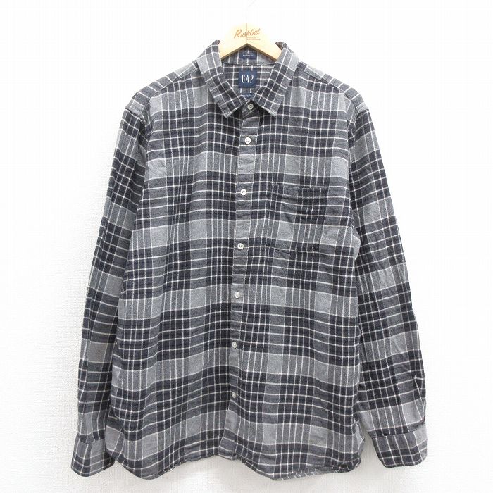 XL★古着 ギャップ GAP 長袖 フランネル シャツ メンズ コットン 黒他 ブラック チェック 25sep20 中古 トップス