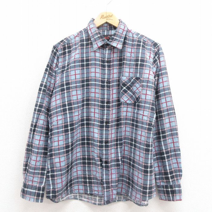 L★古着 長袖 フランネル シャツ メンズ 青他 ブルー チェック 25sep22 中古 トップス
