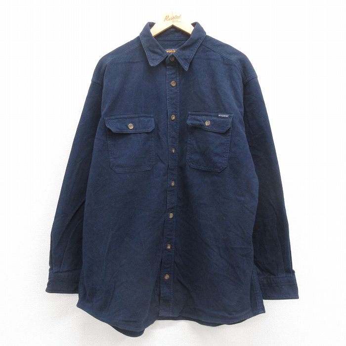 XL★古着 ウールリッチ WOOLRICH 長袖 ヘビー フランネル シャツ メンズ 大きいサイズ コットン 紺 ネイビー 25sep22 中古 トップス