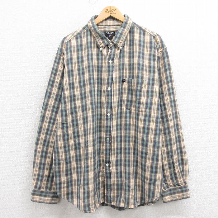 XL★古着 ラルフローレン Ralph Lauren 長袖 ブランド フランネル シャツ メンズ 大きいサイズ ボタンダウン 緑他 グリーン チェック 25sep22 中古 トップス
