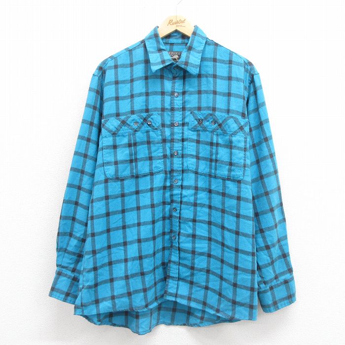 XL★古着 長袖 フランネル シャツ メンズ 80年代 80s 青他 ブルー チェック 25sep22 中古 トップス