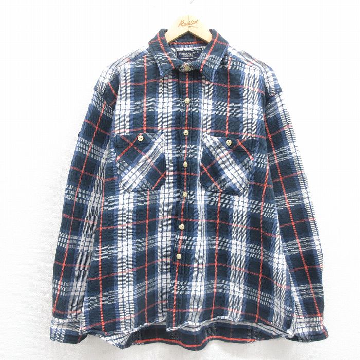 XL★古着 アメリカンイーグル American Eagle 長袖 ヘビー フランネル シャツ メンズ 大きいサイズ コットン 紺他 ネイビー チェック 【spe】 25sep22 中古 トップス