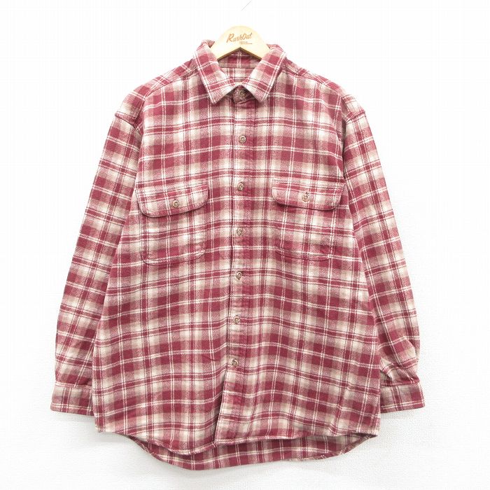 XL★古着 長袖 ヘビー フランネル シャツ メンズ コットン エンジ他 チェック 25sep24 中古 トップス
