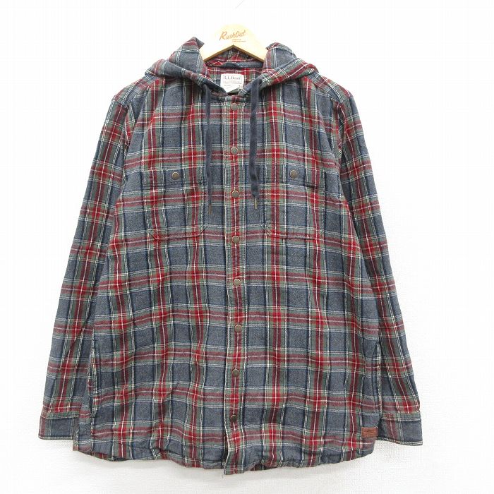 XL★古着 エルエルビーン LLBEAN 長袖 フランネル シャツ パーカー メンズ 00年代 00s ヒジ当て コットン グレー他 チェック 25sep24 中古 トップス