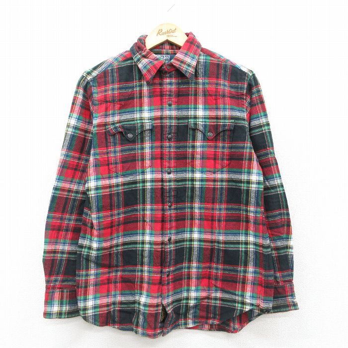 【20%OFF】M★古着 ラルフローレン Ralph Lauren 長袖 ブランド フランネル ウエスタン シャツ メンズ 90年代 90s ヒジ当て コットン 赤他 レッド チェック 【spe】 25sep24 中古 トップス