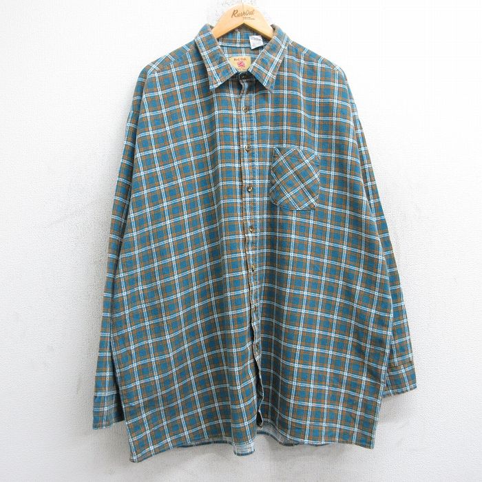 XL★古着 長袖 フランネル シャツ メンズ 90年代 90s 大きいサイズ ロング丈 コットン USA製 青緑系他 チェック 25sep25 中古 トップス