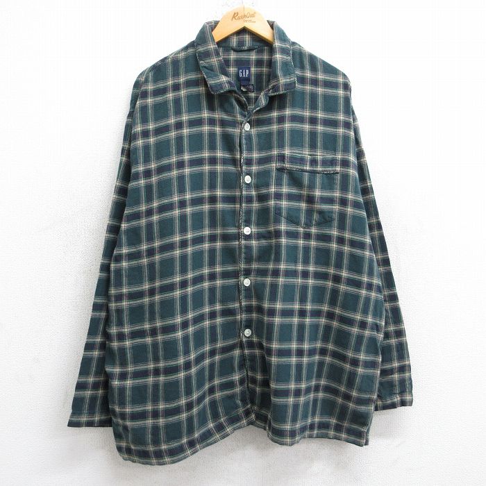 XL★古着 ギャップ GAP 長袖 パジャマ フランネル シャツ メンズ 00年代 00s 大きいサイズ ロング丈 コットン 開襟 オープンカラー 濃緑他 グリーン チェック 25sep25 中古 トップス