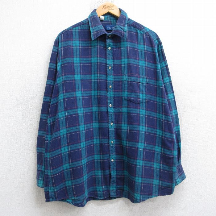 XL★古着 タウンクラフト 長袖 フランネル シャツ メンズ 90年代 90s ロング丈 コットン 紺他 ネイビー チェック 25sep25 中古 トップス
