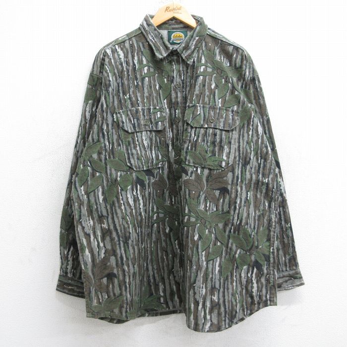 XL★古着 カベラス 長袖 ハンティング フランネル シャツ メンズ 90年代 90s リアルツリー 大きいサイズ ロング丈 コットン USA製 濃緑他 グリーン 迷彩 【spe】 25sep25 中古 トップス