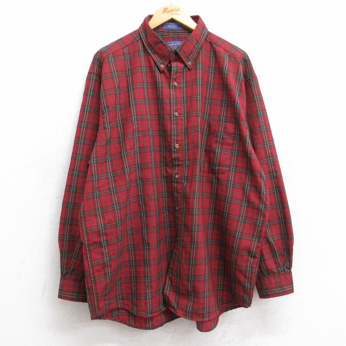 XL★古着 ペンドルトン PENDLETON 長袖 ウール シャツ メンズ 大きいサイズ ロング丈 ボタンダウン 赤他 レッド チェック 25sep26 中古 トップス
