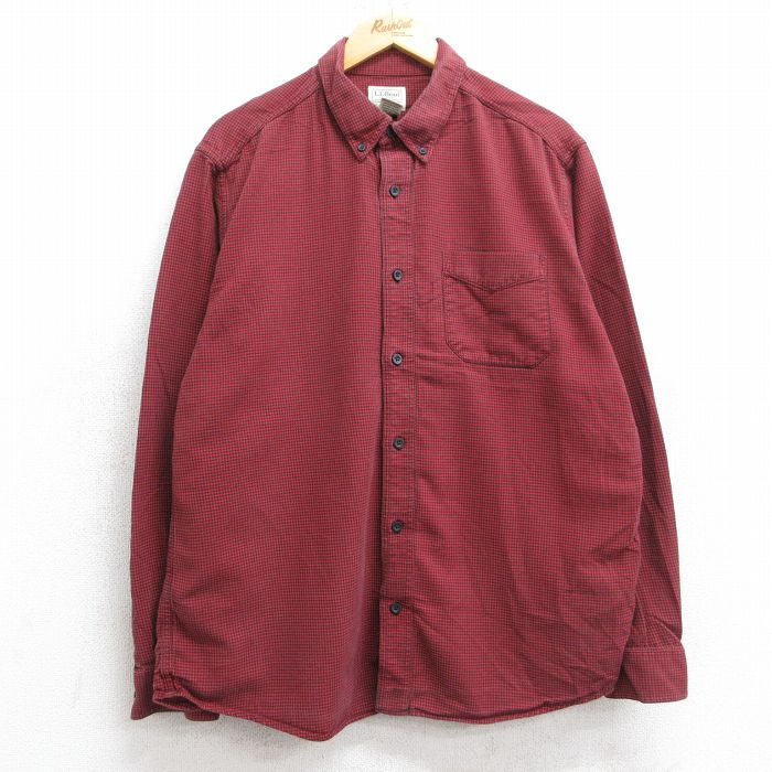 XL★古着 エルエルビーン LLBEAN 長袖 フランネル シャツ メンズ 00年代 00s 千鳥格子 コットン ボタンダウン 赤他 レッド 25sep26 中古 トップス