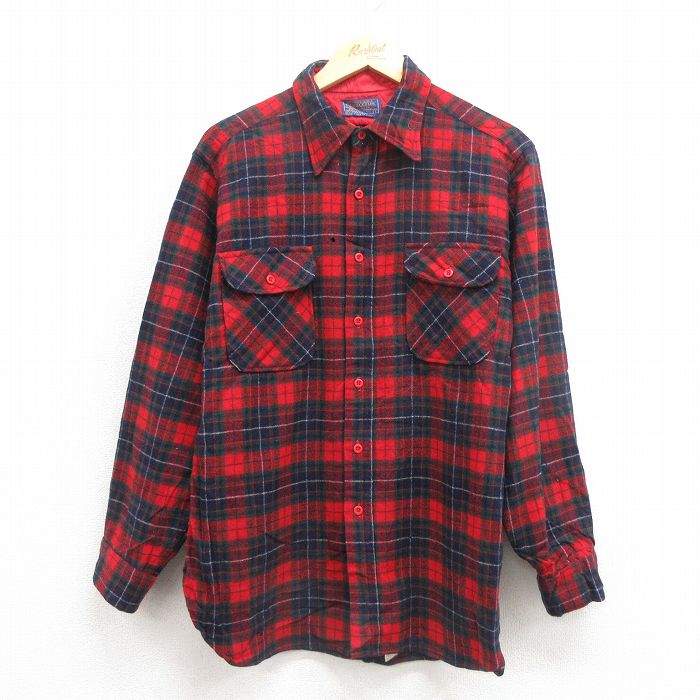 L★古着 ペンドルトン PENDLETON 長袖 ウール シャツ メンズ 80年代 80s USA製 赤 レッド タータン チェック 25sep30 中古 トップス