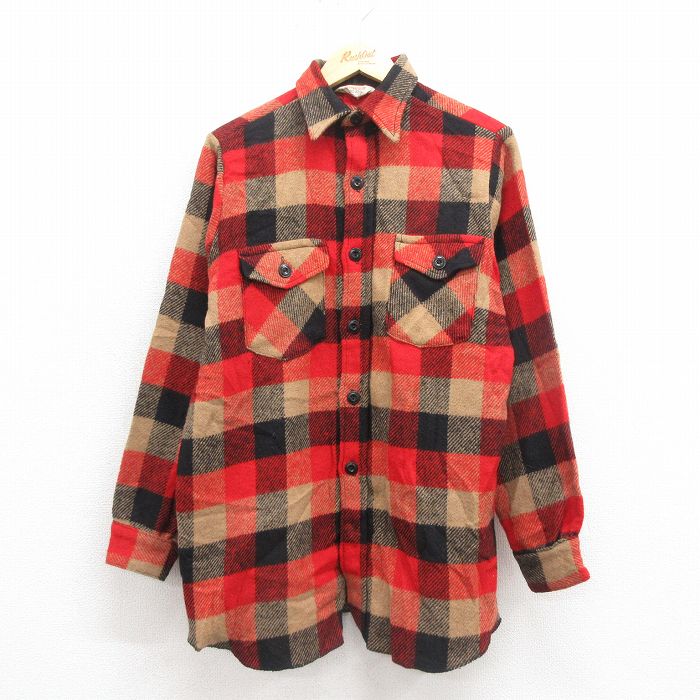 【20%OFF】M★古着 長袖 ウール シャツ メンズ 70年代 70s 赤 レッド チェック 25sep30 中古 トップス
