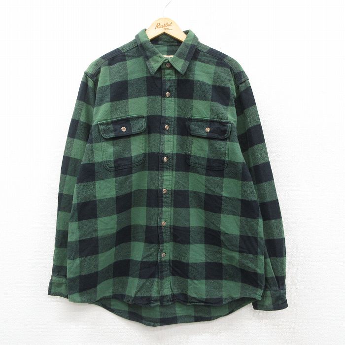 XL★古着 長袖 ヘビー フランネル シャツ メンズ 緑他 グリーン バッファロー チェック 25oct01 中古 トップス