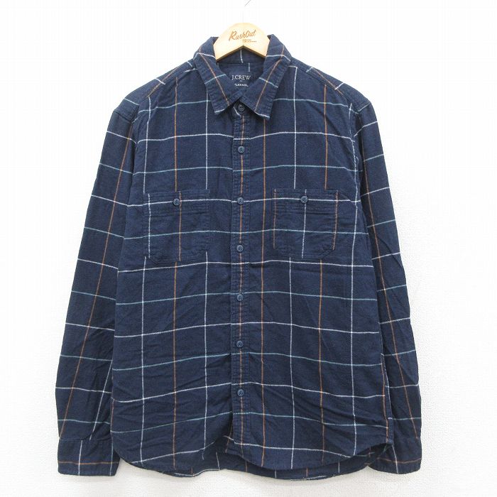 L★古着 ジェイクルー J.CREW 長袖 フランネル シャツ メンズ コットン 濃紺他 ネイビー チェック 25oct01 中古 トップス